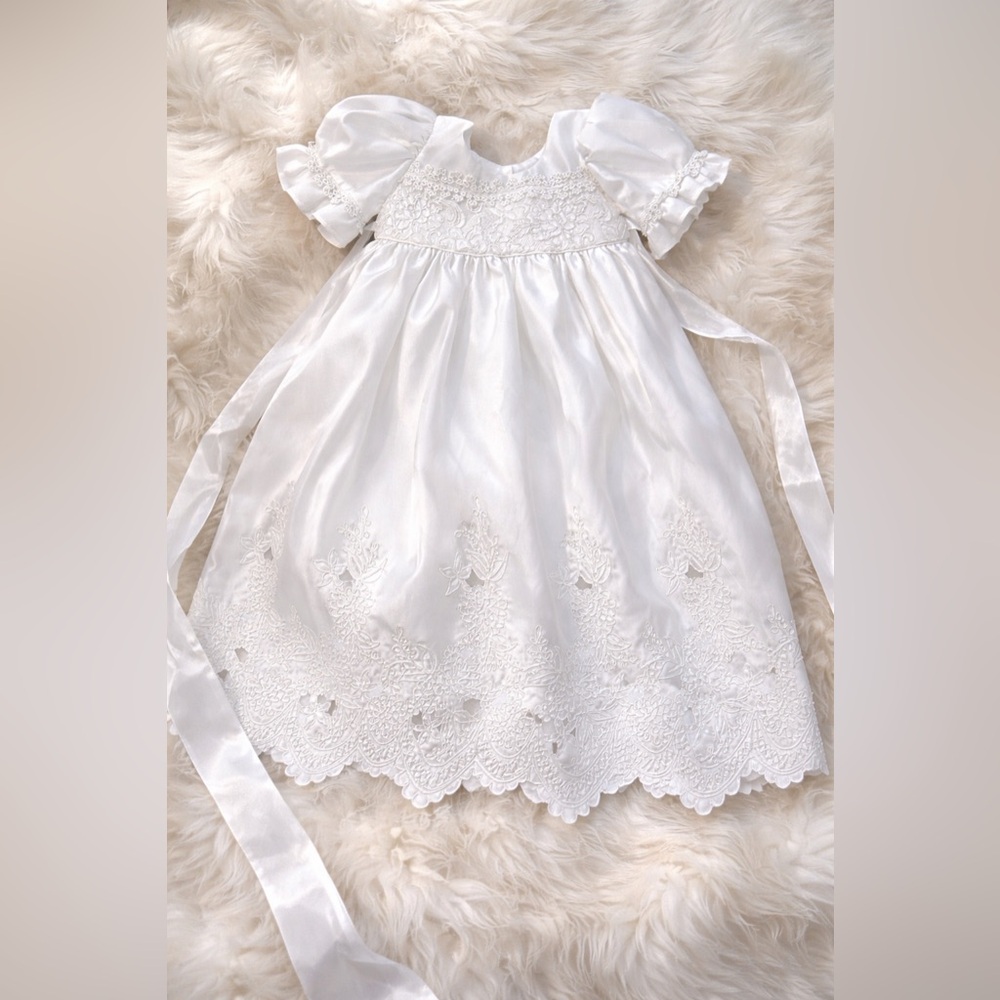 Fouger USA White Christening Dress Lace Satin Baby Girl Baptism Formal